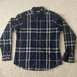 Men’s Burberry Brit Plaid Blue Gray Long Sleeve Shirt Size Large